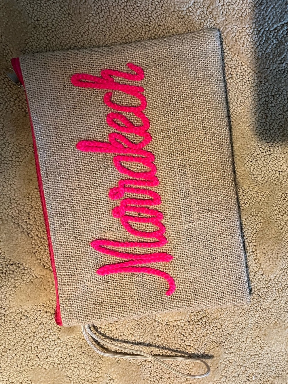NWT Moroccan Marakech Pink Script Burlap Wristlet